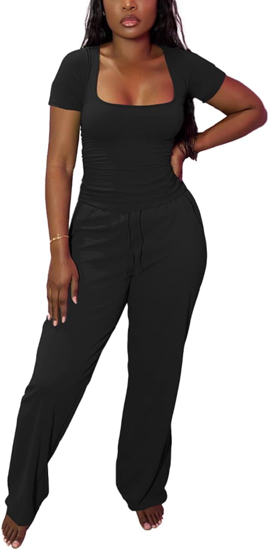 PINSV Women's 2 Piece Outfits Square Neck Short Sleeve Top Wide Leg Pants Tracksuit Lounge Sets - Image 3