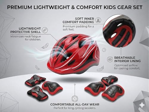 Image of JERN 7 Pieces Kids Children Plastic Roller Skating Bicycle Cycling Scooter Helmet Knee Elbow Pad Wrist Guard Set (Red)