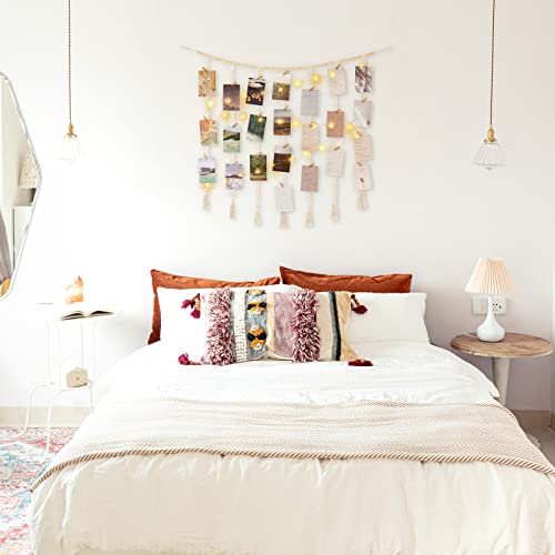 Mkono JJBS0101 Macrame Hanging Photo Display Wall Decor With String Lights, Boho Wooden Beads Garland Collage Picture Card Frame Holder thumb #1