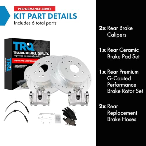 Image of TRQ Performance Rear Brake Pad and Rotor Set Ceramic Slotted Drilled G Coated Calipers Hoses Compatible with 2009-2013 Mazda 3 S 2009-2013 Mazda 3 MazdaSpeed