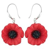 ORECCHINI DONNA PAPAVERO IN ARGENTO 925 RODIATO PENDENTI FIORE ROSSO