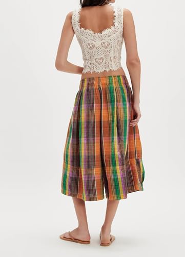 Women’s Summer Plaid Culotte Pants Loose Wide Leg Gingham Capri Pant Casual Baggy Cropped Palazzo Trouser with Pocket2