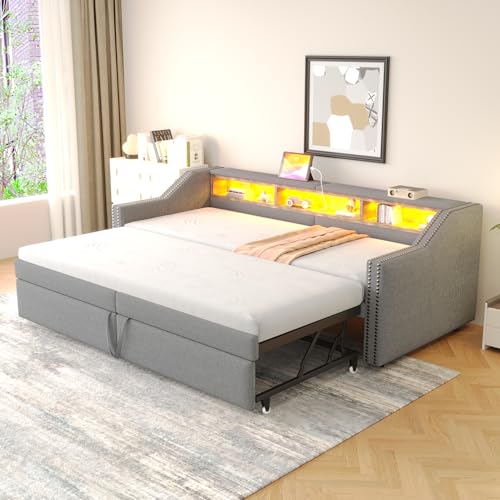 Zepneiy Canapé-lit gigogne 90/180 x 200 cm avec éclairage LED et Port USB, Compartiment de Rangement Multifonction avec sommier à Lattes, Gris Clair...