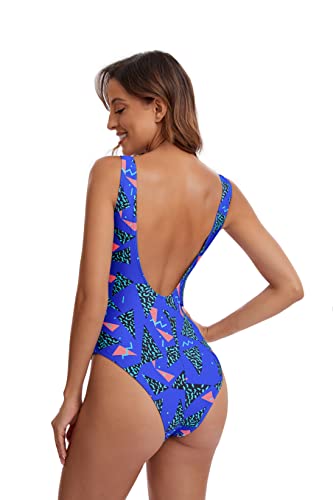 Miaiulia Women's Retro 80S/90S Inspired High Cut Low Back Padding One Piece Swimwear Bathing Suits 90S Pattern Royalblue S #TOP5