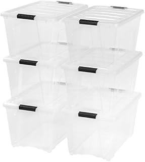 IRIS USA 53 Qt. Plastic Storage Bin Tote Organizing Container with Durable Lid and Secure Latching Buckles, Stackable and Nestable, 6 Pack, clear with Black Buckle