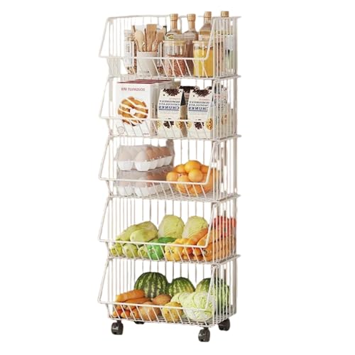 haoyunjianjiak スタッキングバスケット キッチンワゴン 収納カート 4段 ワイヤーバスケット 果物と野菜の保管 多機能収納バスケット バスケットワゴン キャスター付き 多機能 収納カゴ 収納ラック 大容量 (ホワイト,5層(車輪付き)) [並