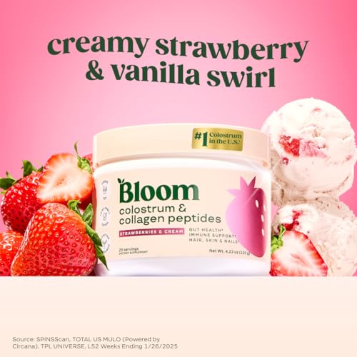 Image of Bloom Nutrition Bovine Colostrum Powder with Vitamin B-12 for Gut Health, Immune Support, Hair Growth & Beauty Supplement | Strawberry, 25 Servings
