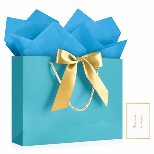 Image of JMANNI Gift Bags with Handles, 13 inch Medium Gift Bag for Presents, 1 Pcs Bags with 2 Tissue Paper and 1 Cards for Baby Shower Wedding Bridal Shower Mother's Day Birthday Party (Bule