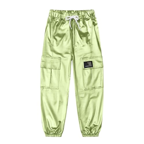 Image of Betusline Girls Clothes 2 Piece Set, Black Cute Short Sleeve Crop Tops + Grass Green Metal Cargo Jogger Pants Clothes,9-10 Years = Tag 150