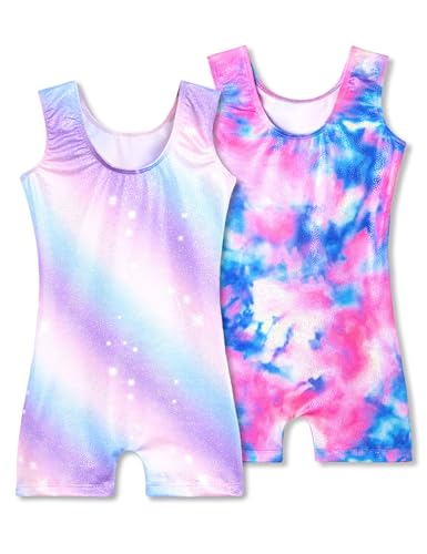 Image of 2 Pack Leotard for Girls Gymnastics Sparkly Tumbling Unitards with Shorts Sleeveless One Piece Biketards