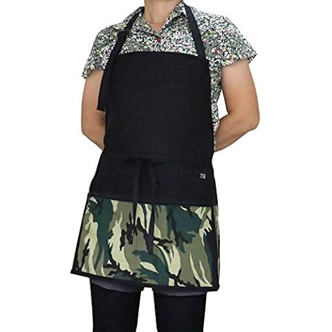 TG888Warehouse Tgb-01 Chic Adjustable Bib Aprons Camouflage Printed Waitress Server with 3 Zipper Pockets Design for Barista, Chef Work, Kitchen Dress, 23 x 29 inch, BlackGreen Army Cover
