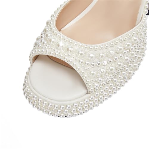 Image of Goolita Womens Open Toe Pearl Platform Heels For Women Chunky Buckle Ankle Strap Wedding Heeled Sandals Dress Evening Bride Bridal Shoes