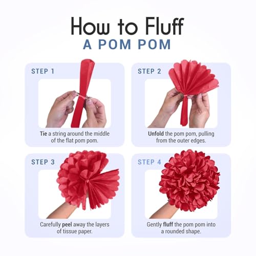 Image of EpiqueOne 20-Piece Tissue Paper Pom Poms Party Decoration Kit - Blue, Red & White | Different Sizes - 6 inch, 8 inch, 10 inch, 12 inch & 14 inch | Ideal for Birthdays, Bridal or Baby Showers, Weddings, Graduation & More