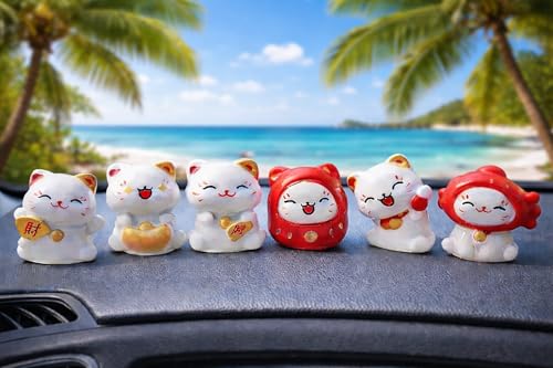 Image of Car Dashboard Bobblehead Toy Set of 6 Mini Cartoon Spring Dolls for Vehicle Interior Decoration (Cute Cat Design Resin)