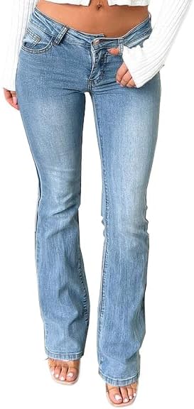 Women's Stretch Low Rise Double Button Elastic Skinny Vintage Flare Jeans