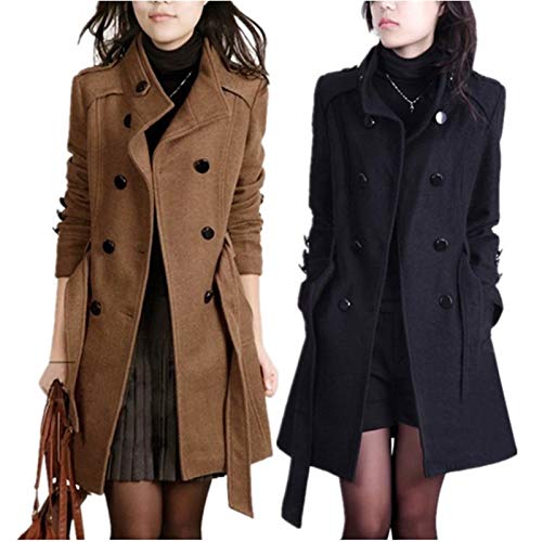 Elonglin Damen Trench Wolljacke Winter Herbst mantel Trenchcoat Zweireiher mit Gürtel Schwarz DE XXS (Asie M)