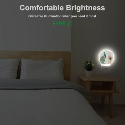 Image of EKOBLA Peacock Night Light, Peacock Feather Retro Night Lights Plug Into Wall with Auto Sensor, 0.5W Sleep Friendly for All Ages