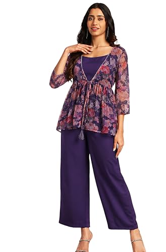 Janasya Women's Purple Solid Shoulder Strap Crop Top with Trouser & - Image 1