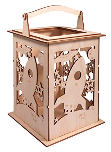 Rayher Holz Laterne Rakete, mit Griff, 15,3x15,3x26,5cm, Holzbausatz, 15-tlg,Windlicht, für LED-Kerze, Lichterkette, FSC Mix Credit, 62894505, Natur
