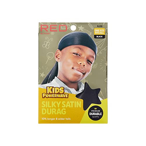Red by Kiss Kids Sating Durags Powerwave Kids Durags Long Tail and Wide Strap Headwraps Beanies Black2