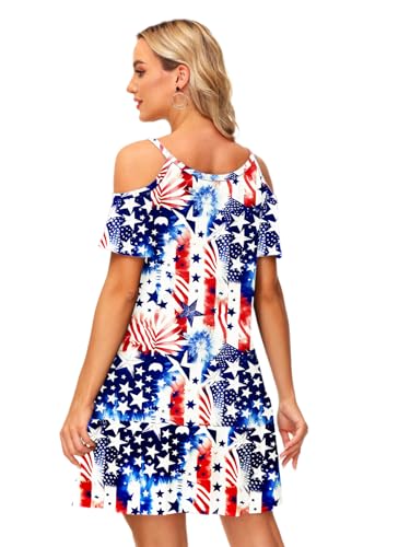 Image of Deerose Womens 4th of July Dresses Cold Shoulder American Flag Tie Dye A-Line Dress with Pockets