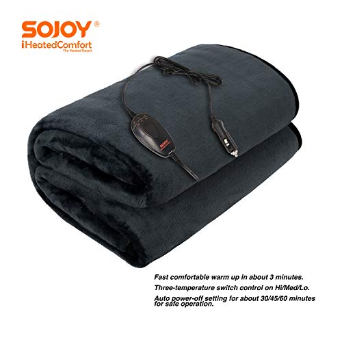 Sojoy 12V Heated Smart Multifunctional Travel Electric Blanket for Car, Truck, Boats or RV with High/Low Temp Control (55