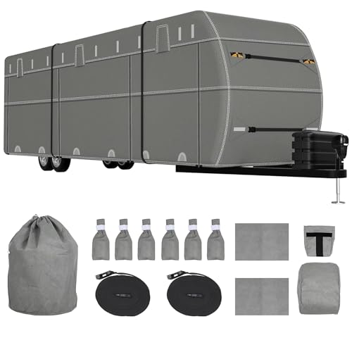 Weize Travel Trailer Cover, Waterproof and Camper RV Cover Non-Woven Fabric with Anti-UV, Fits 26-29ft Motorhome, Extra Windproof Straps, Gutter Covers