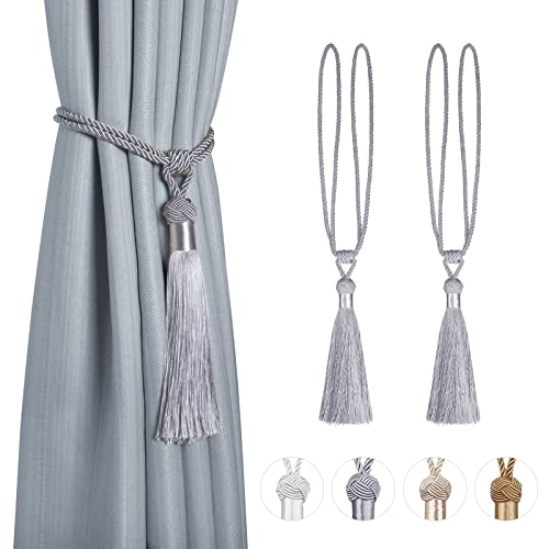Dalababa Lot de 2 Embrasses de Rideaux Corde Tressée Polyester Coton Sangle Embrasses de Draperie avec Gland Décoratives Accessoires de Rideau,Gris Cover