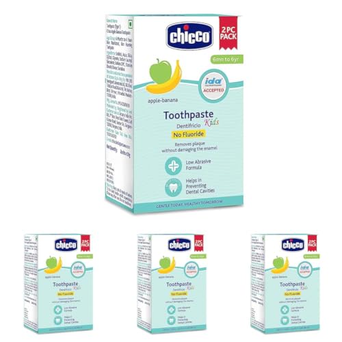 Image of Chicco Toothpaste for Kids, Best for Baby (6m-6y), Apple-Banana Flavour, 50g (Pack of 8) | Fluoride-Free & Low Abrasive | Removes Plaque, Helps Prevent Cavities | IDA Accepted