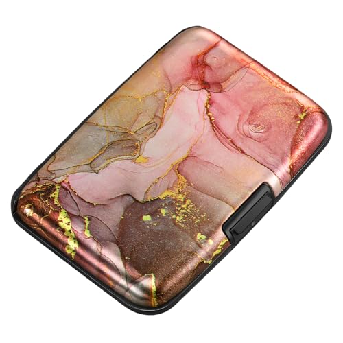 Image of ELFISH Mini RFID Aluminum Wallet Credit Cards Holder Business Card Case Metal ID Case for Men Women, Pink Grey Marble, small, Compact