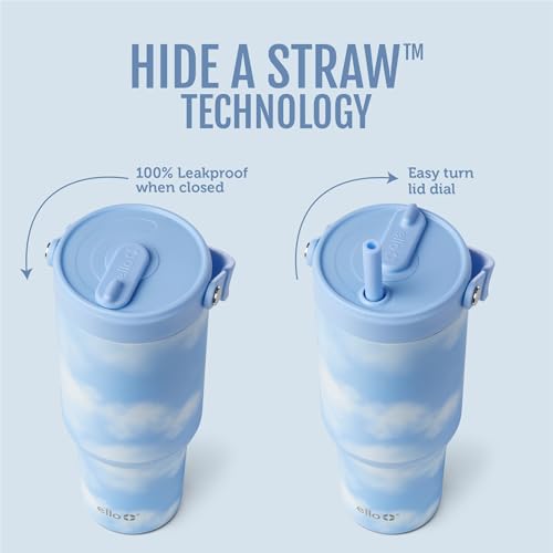 Image of Ello Oasis Go+ 32oz Tumbler with Top Handle and Retracting Straw | Reusable Insulated Stainless Steel Cup, 100% Leakproof Water Bottle, 24 Hours Cold, Cup Holder Friendly For Travel | In The Clouds