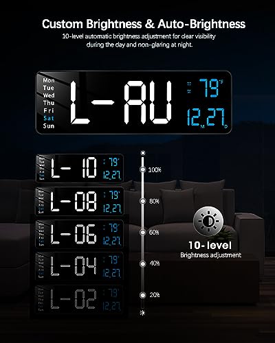Image of JoFomp Modern 16 inch Large Digital Wall Clock with Remote Control, LED Display, Auto-Dimming, Countdown, Temperature, Calendar - 12 /24Hr Format - Silent Wall Clock for Home, Office, or Gym Use (Blue)