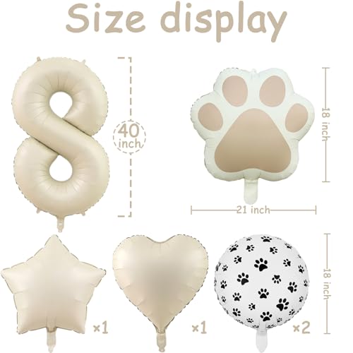Image of 8th Birthday Dog Paw Balloons Set,18'' Paw Prints, Heart,Star,Paw Shaped Foil Balloon 40 Inch Cream Number 8 Helium balloons for Puppy Themed Third Anniversary Birthday Party Decorations Supplies 6PCS