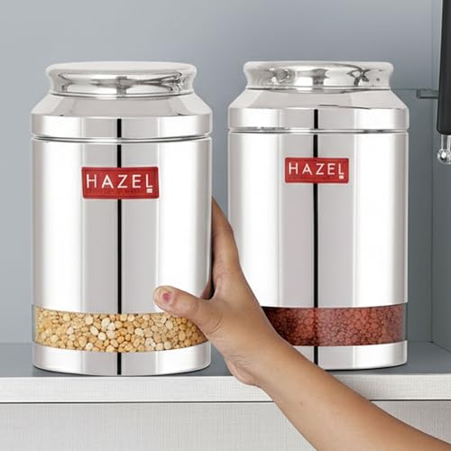 Image of HAZEL Steel Transparent Airtight Jar 3250 ML | Storage Container for Grains, Pulses & Snacks