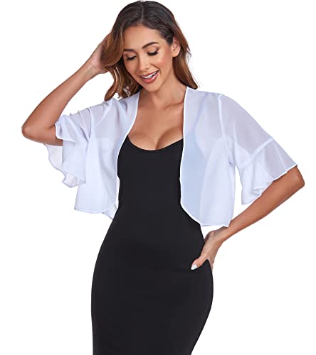 Womens Shrug Chiffon Short Sleeve Open Front Sheer Cardigan For Evening Dress(White,L) #TOP1
