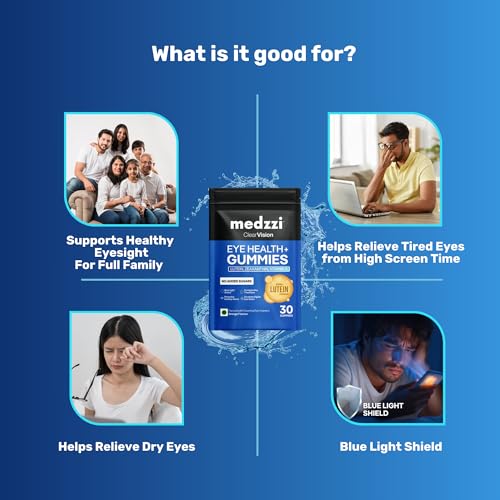 Image of Eye Gummies by medzzi Clear Vision | Lutein & Zeaxanthin Supplement for Eyes | With Bilberry, Lycopene & Vitamins A, C, E | Reduces Digital Strain and Fatigue from High Screen Time | Orange Flavour | 30 Veg Gummies