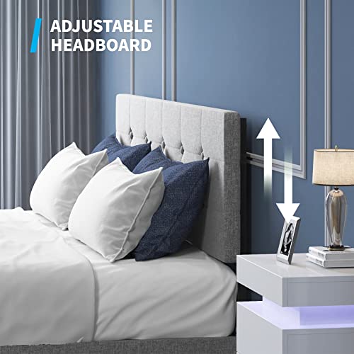 Mjkone Platform Bed Frame With 4 Storage Drawers, Upholstered Full Size Bed Frame With Square Button Tufted Headboard, Wood Slat Support/No Box Spring Needed/No Mattress (Full, Light Grey) #TOP4