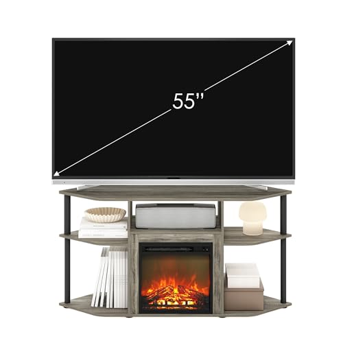 Image of Furinno Jensen Fireplace TV Stand, Corner Entertainment Center, TV Console for TV up to 55 Inch with Fireplace, Plastic Poles and Open Storage, for Living Room, Bedroom, French Oak Grey