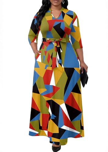 Image of FANDEE Maxi Dress for Women, Casual V Neck 3 /4 Sleeve Long Dresses with Pockets