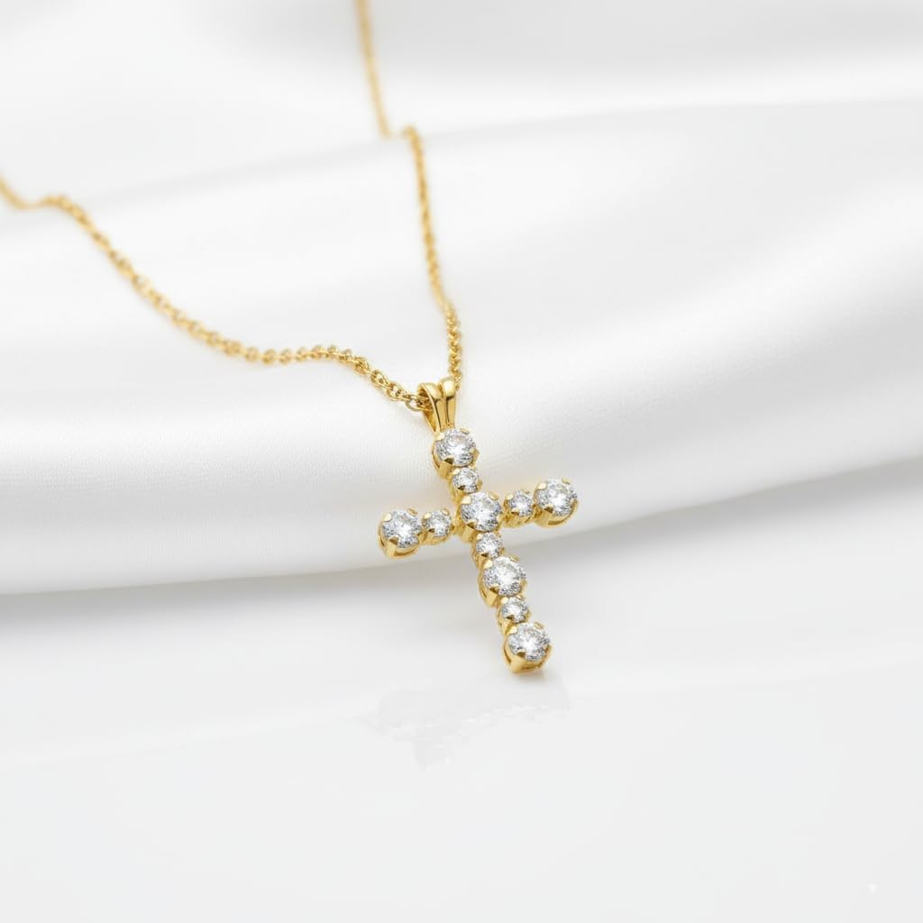 Jewelili 10K Gold Cross Pendant Necklace for Women | 2 MM & 3 MM White Round Cubic Zirconia | 18" Gold Filled Rope Chain | Luxury Jewelry Gift for Her | Gift Box Included