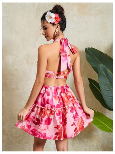 Floerns Women's Floral Print Sleeveless Halter Neck Layered Hem A Line Mini Dress2