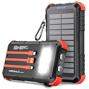 Solar Powerbank 26800mAh, Powerbank PD15W USB C Externer Akku mit 3 Kabeln, 5 Ausgänge 3 Eingänge Wasserdichtes Solar Ladegerät mit Zwei Taschenlampen und Karabiner für Camping