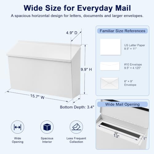 Image of KYODOLED Locking Mailboxes for Outside, Wall Mount, Large 15.7 inch W, White
