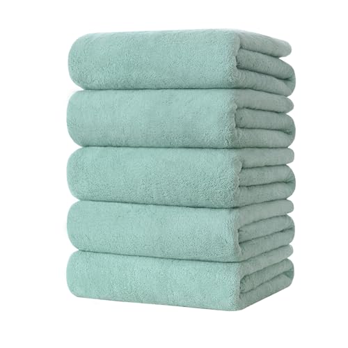 バスタオル 大判 5枚セット タオル マイクロファイバー 約60×120cm 吸水はやい ふわふわ 肌に優しい 柔らかい 抗菌防臭 毛羽落ちしない 風呂上がり 家庭用 プレゼント (グリーン)