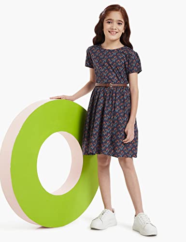 Image of Amazon Brand - Jam & Honey Girl's 100% Soft & Pure Cotton Comfortable and Stylish Printed Woven Dress with Short Sleeves and Belt - Perfect for Every Occasion