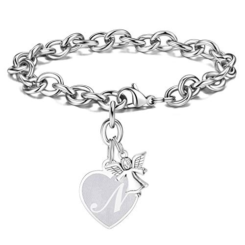 M MOOHAM Guardian Angel Charm Bracelets for Women, Stainless Steel Monogrammed N Initial Charm Bracelets for Women Teen Girls Nurse Gifts Teen Girls Jewelry Toddler Mother's Valentines Gifts for Her