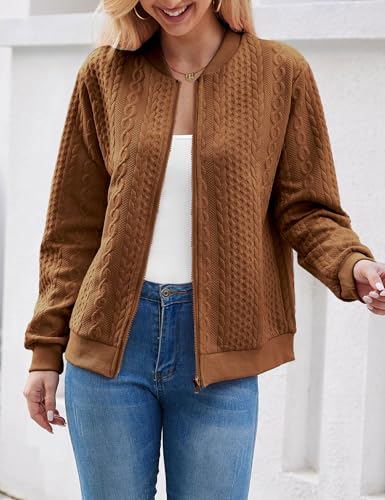 Image of WROLEM Women's Zip Up Cardigan Sweater Cable Hoodies Long Sleeve Jacket Outfits Crewneck Casual Coat