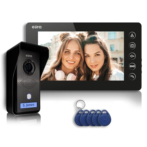 Interphone vidéo Eura VDP-76A3 Alpha interphone 4 fils, moniteur couleur 7 pouces, RFID, mémoire d'images, 2 entrées, Noir