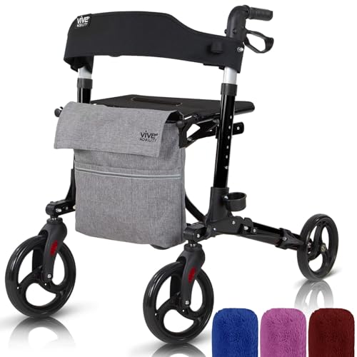 Vive Mobility Rollator Walker - Folding 4 Wheel Medical Rolling Walker with Seat & Bag - Mobility Aid for Adult, Senior, Elderly & Handicap(Midnight Black, Grey Bag)