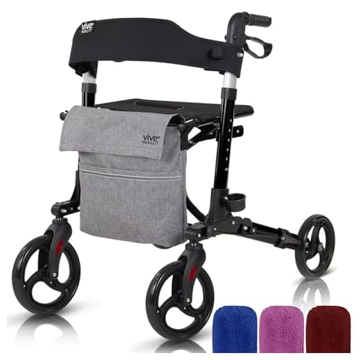 Vive Folding Rollator Walker – 4 Wheel Medical Rolling Walker with Seat & Bag – Mobility Aid for Adult, Senior, Elderly & Handicap – Aluminium Transport Chair (Black)
